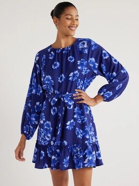 Scoop Cute Navy Blue Floral Tie-Waist Midi Dress, Size XL